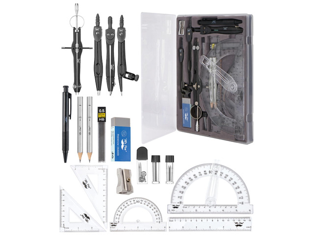 Geometry Set, 15 pcs, Black, 6 Inch Swing Arm Protractor, Divider Set Squares, Ruler, Compasses and Protractor
