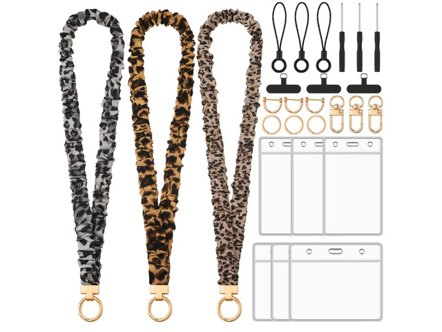 9 in 3 Set Classic Leopard Pattern Scrunchies Lanyards for Id Badges, Stretchy Lanyard for Women Teacher Nurse