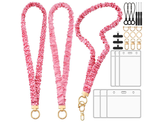 Scrunchie Lanyards for ID Badges, Stretchy Lanyard for Women - Teacher Nurse Neck Lanyard with Card Holder for Office, School, Hospital & Cruise, Pink