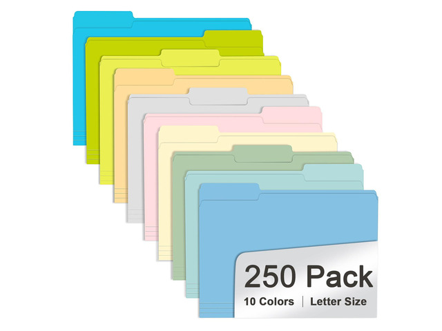 File Folder, 250 Pack Colored File Folders, 1/3 Cut Tab File Folder Letter Size, Filing Folders with Tabs for Office School Business Use, Assorted...