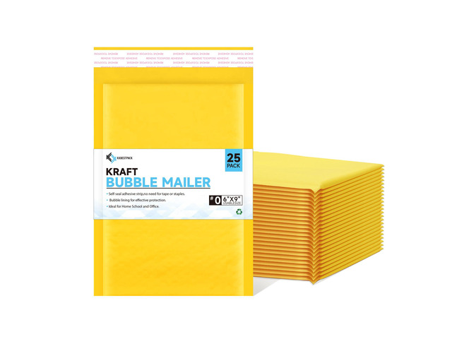 Kraft Paper Bubble Mailers #0, 6x10 Inch Self-Seal Padded Mailing Envelopes, Usable Size 6x9, Pack of 25