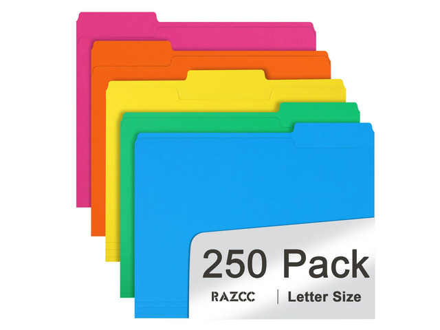 File Folder, 250 Pack 1/3 Cut Tab Colored Folders, Colored File Folder Letter Size for Office Classroom Use, Folders with Tabs Assorted 5 Colors