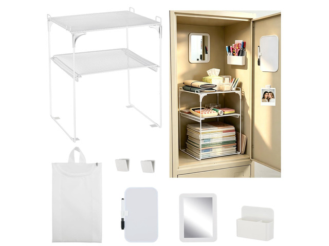 White 2-Tier Locker Organizer Shelf Locker Accessories for School Boy Girl Metal Vertical Storage Rack with Magnetic Mirror, Whiteboard, Pen Holder...