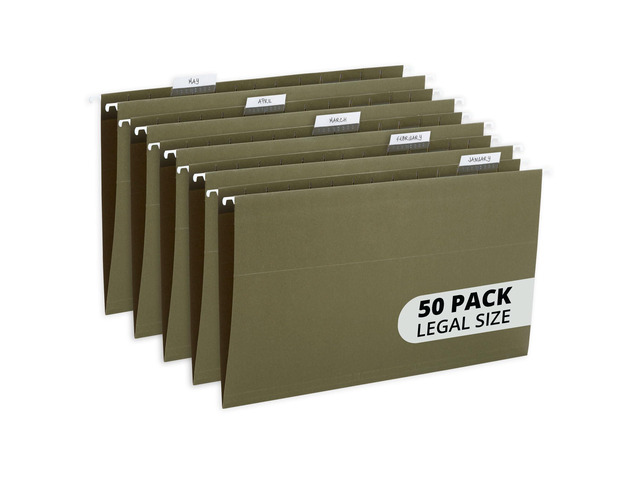 50 Legal Size Hanging File Folders, Green Standard Green, 12.5pt, 1/5 Cut Tabs, for Legal Charts, Client Files, and Bulky Documents