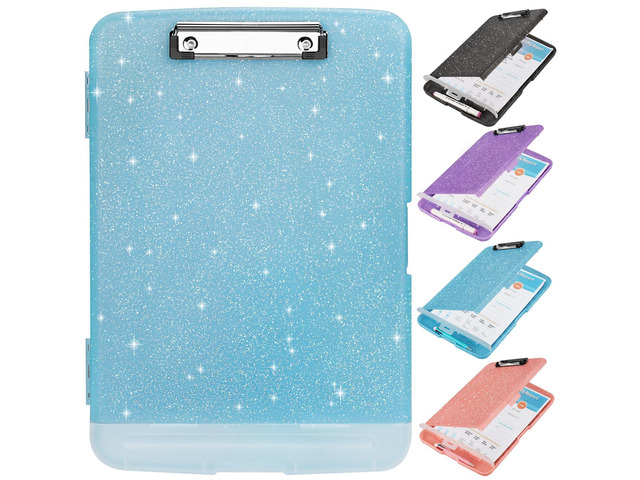 Glitter Clipboard with Storage,Storage Clipboard with Pen Holder,A4 Binder Clip Boards 8.5x11 with Low Profile Clip,Side Opening Sparkle...