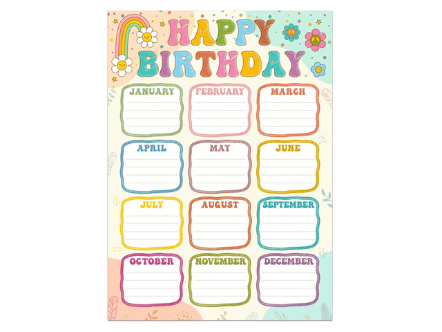 Boho Birthday Chart Poster for Classroom - 16.5'x12' Reusable Laminated Happy Birthday Calendar with Glue Dots Bulletin Board Decorations Back to...