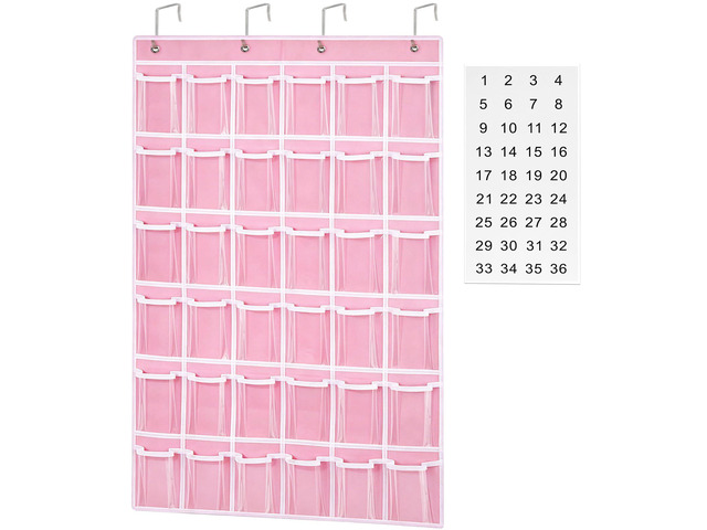 36 Clear Pockets Classroom Pocket Charts for Cell Phone Holder Phone Pocket with 36 Numbered Stickers & 4 Metal Hooks, Wall Door Mount...