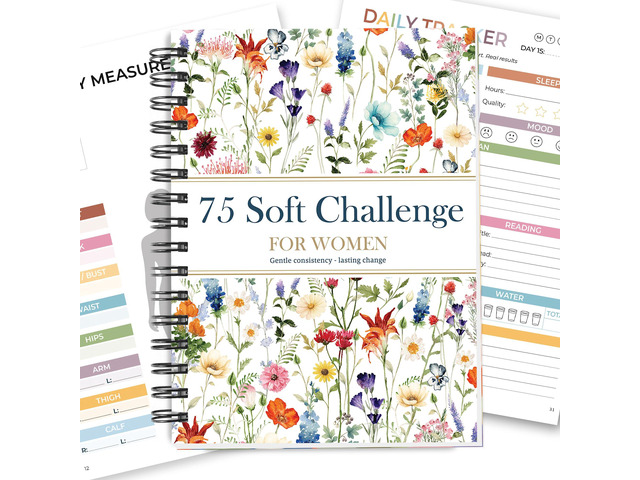 75 Soft Challenge Journal for Women, A5 Spiral 75-Day Habit Tracker Wildflowers Planner, 108-Page Full-Color Daily Logs, Weekly Reviews, Meal Water...