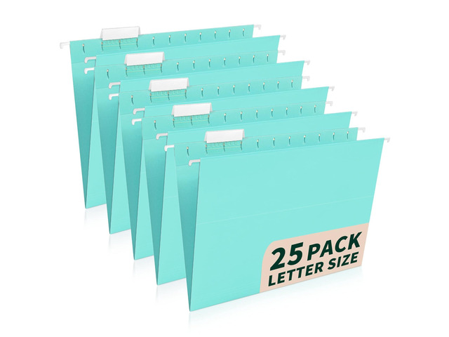 25-Pack Hanging File Folders,Letter Size,Includes 35 Transparent Label Cards & 50 Sticker Labels,1/5-Cut Tabs for Home & Office Organization(25, Aqua)