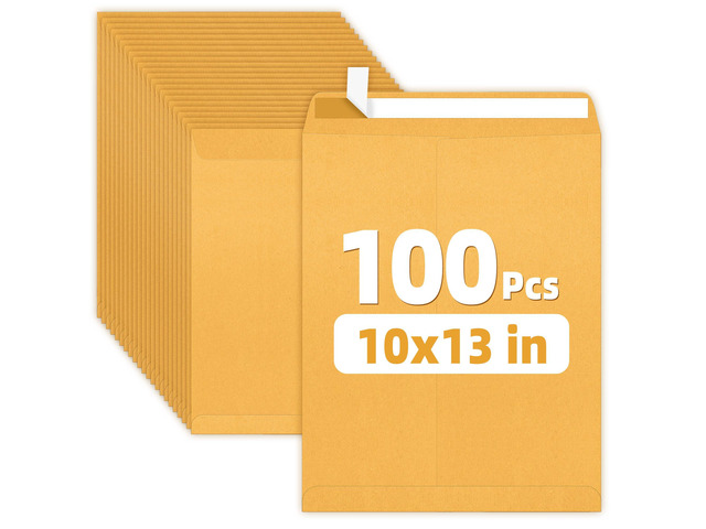 10x13 Manilla Envelopes, 28lb Brown Kraft, Ultra Strong Quick-Seal Security Catalog Mailing Envelopes for letter Size Documents or Photos, 100 Count