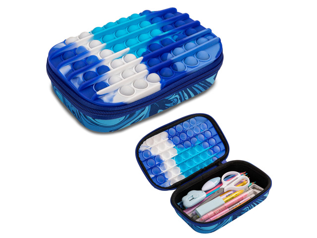 POP Pencil Case for Boys, Silicone Sensory Fidget Pencil Box, Blue Playful box for kids with tactile top, sturdy crack-proof shell, secure zipper,...