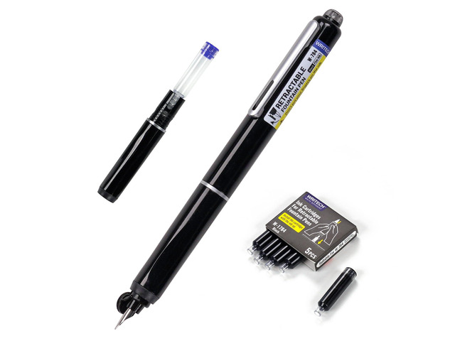 Retractable Fountain Pen Set: Fine Nib Black Ink Pens Includes 5 Ink Cartridges Smooth Writing for Sketching Journaling Calligraphy Gift (Black)