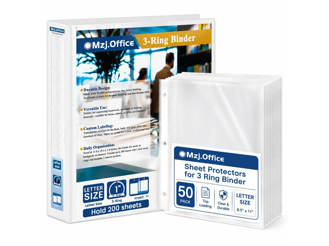 1 Inch Binders 3 Ring Set, White 1' Round + 50 Sheet Protectors 50 Top-Loading Page Protectors, Clear View Cover & Spine, Fits 8.5 x 11 Letter...