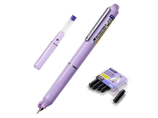 Fountain Pen Fine Nib: Retractable Black Ink Pens Set Includes 5 Ink Cartridges Smooth Writing for Calligraphy Sketching Journaling Gift (Purple)
