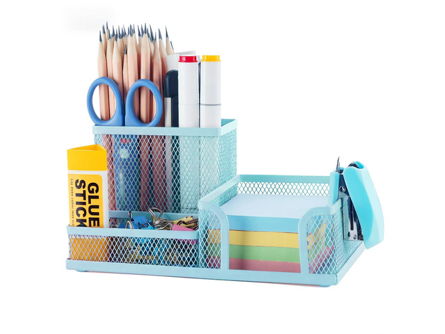Mesh Pen Holder Desk Organizers Pencil Holder for Desk Light Blue, 3 Compartments Metal Office Supply Organizer with Sticky Notes Holder for Home...