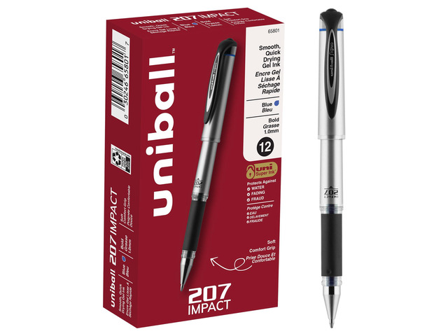 uniball 207 Impact Gel Pens, Bold Point (1.0mm), Blue, 12 Pack Bold gel ink lay-down for pronounced lettering, fraud-resistant uni Super Ink, water...