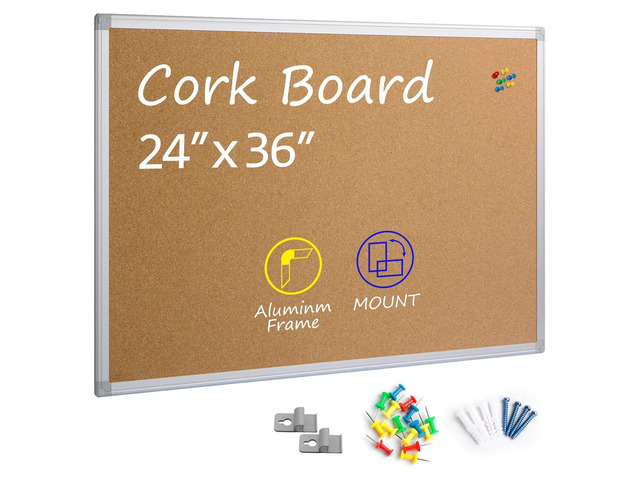 Cork Board Bulletin Board 24 x 36, Silver Aluminium Framed 2x3 Corkboard, Office Board for Wall Cork, Large Wall Mounted Notice Pin Board