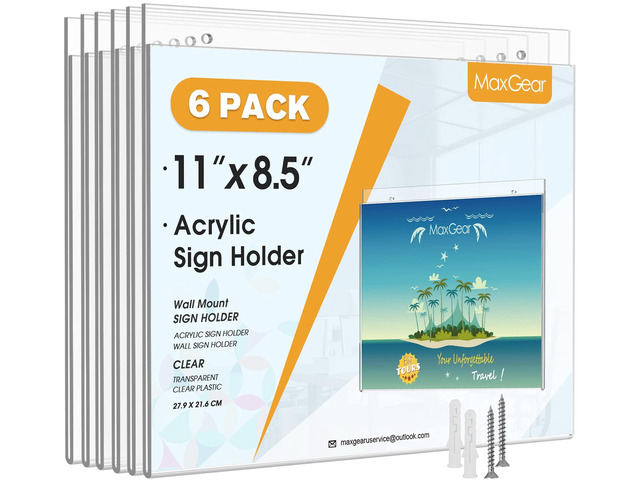 Wall Mount Sign Holder, 8.5 x 11 Landscape, 6 Pack Clear Acrylic Material, Easy Wall Installation with Included Screws and Pre-drilled Holes, Ideal...
