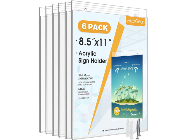 Wall Mount Sign Holder, 8.5 x 11, Vertical, 6 Pack Clear Acrylic Material, Easy Wall Installation with Included Screws and Pre-drilled Holes, Ideal...