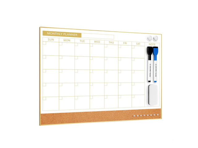 Dry Erase Calendar with Cork Board for Wall 11.6'x 15.7' Magnetic Calendar Whiteboard with Gold Frame, Monthly Combination Board for School, Home,...