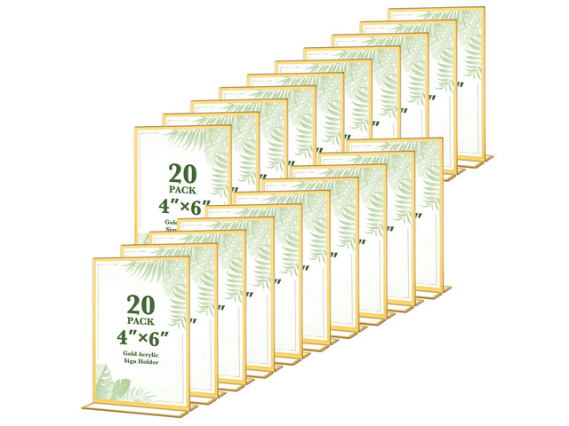20 Pack Gold Acrylic Sign Holders 4x6 Inch Gold Picture Frames Double Sided Vertical Stand Clear Picture Frames for Wedding Table Numbers,...