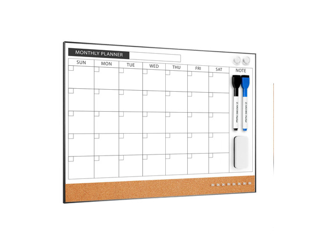 Dry Erase Calendar with Cork Board for Wall 11.6'x 15.7' Magnetic Calendar Whiteboard with Black Frame, Monthly Combination Board for School, Home,...