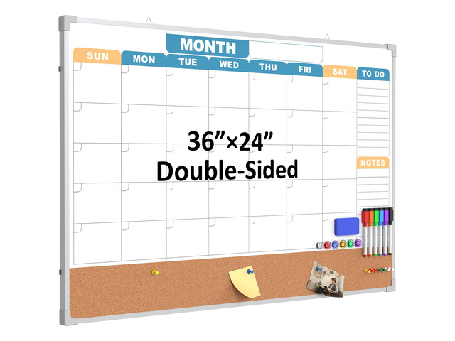 Monthly Calendar Dry Erase Board 36x24 Inch, Double-Sided Whiteboard and Corkboard Combo with Silver Aluminum Frame (Color Calendar), Wall Mounted...
