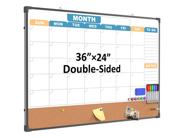 Monthly Calendar Dry Erase Board 36x24 Inch, Double-Sided Whiteboard and Corkboard Combo with Black Aluminum Frame (Color Calendar), Wall Mounted...
