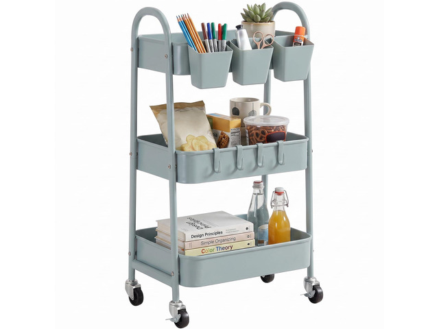 3-Tier Rolling Cart, Utility Cart Mobile Metal Rolling Storage Cart with Lockable Wheels & Hanging Cups & Hooks for Kitchen, Bathroom, Office,...