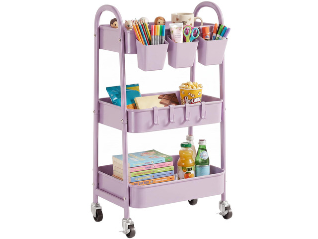 3-Tier Rolling Cart, Utility Cart Mobile Metal Rolling Storage Cart with Lockable Wheels & Hanging Cups & Hooks for Kitchen, Bathroom, Office,...