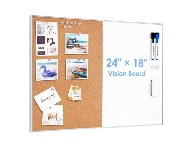 Cork Board White Board Combo 24'x18' Bulletin Board, Magnetic Dry Erase Board & Corkboard for Wall, Vision Board for Home, Office, School, Silver...