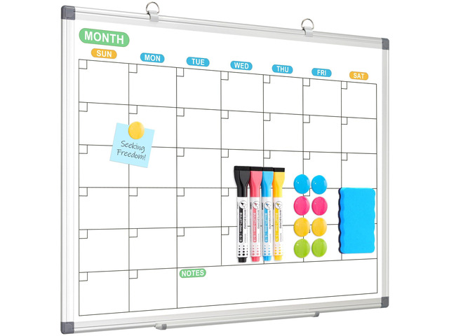 Dry Erase Calendar Whiteboard for Wall, 24' x 18' Silver Frame Double-Sided Magnetic, Monthly White Board Calendar, Aluminum Frame, Hang Wall Mount...