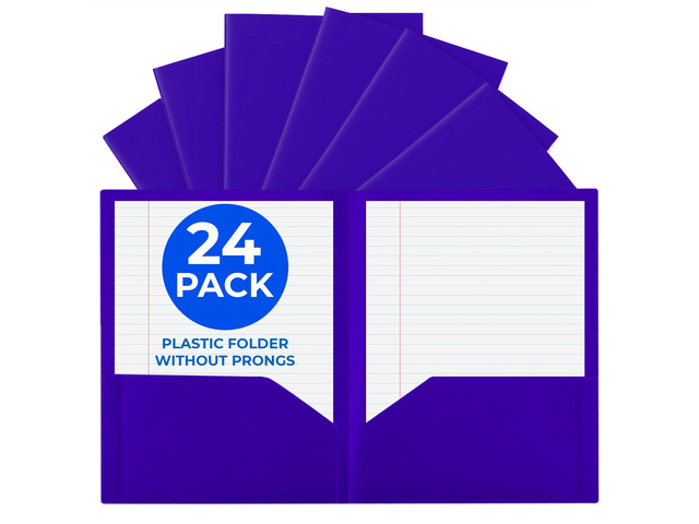 24 Pack Purple Plastic Folders with Pockets Heavy Duty. 2 Pocket Folder no Prongs Bulk. Tear-Resistant Letter Size 8.5x11. Presentation Ready...