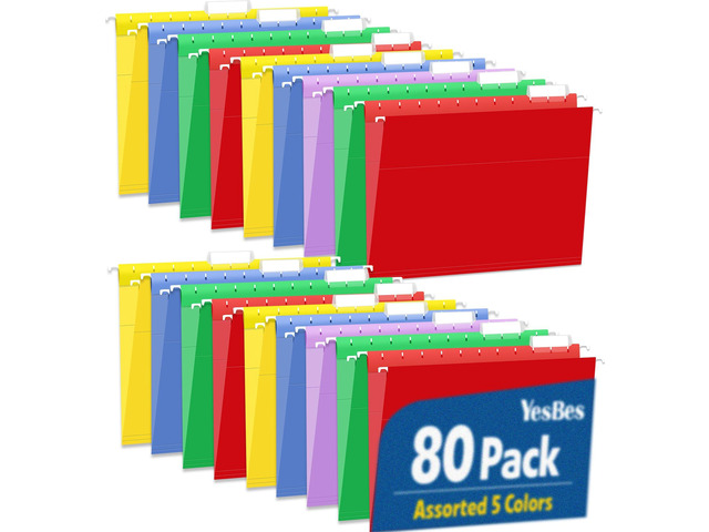 80 Pack Hanging File Folders, Colored Hanging File Folders Letter Size with 1/5 Cut Adjustable Tabs, File Cabinet Folders for Office, School, Home