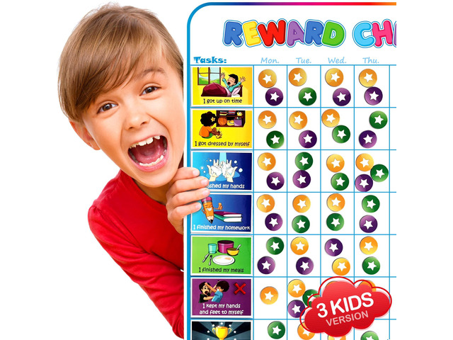 Large Magnetic Reward Chart for Multiple Kids (1-3 Kids) - 127 Pre-Written Stickers (Including Potty Training) + 30 Custom Chores - Behavior,...