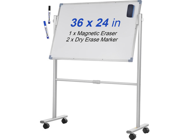 Mobile Magnetic Whiteboard, 36 x 24 Inch, Double Sided, 360 Degree Reversible Rolling Dry Erase Board, Height Adjustable with Aluminum Frame and...