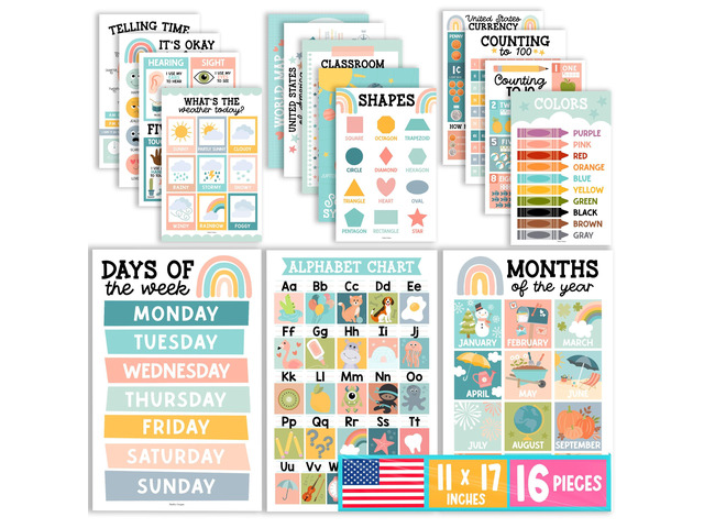 16 Laminated Toddler Learning Posters 1-3 for Preschool Classroom Decor Boho Learning Posters for Toddlers 1-3, Homeschool Room Decor for Toddler...