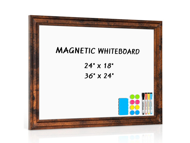 White Board for Wall, 24'' x 18'' Magnetic Dry Erase Board, Brown Wooden Frame, Decorative Whiteboard, Wall Mounted, for Home, Office, Kitchen,...