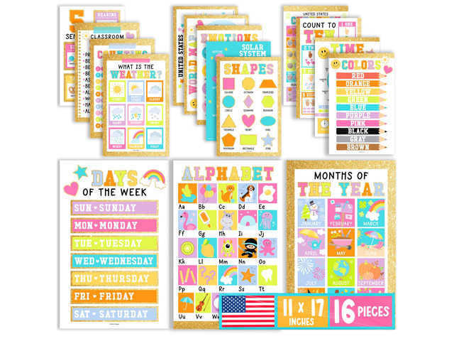 16 Laminated Toddler Learning Posters 1-3 for Preschool Classroom Decor Gold Learning Posters for Toddlers 1-3, Homeschool Room Decor for Toddler...