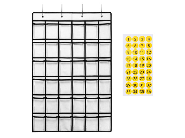 36 Clear Pockets Classroom Pocket Chart for Cell Phones, Pocket Chart for Calculator Phone Holder with 36 Number Stickers and Hooks (White)