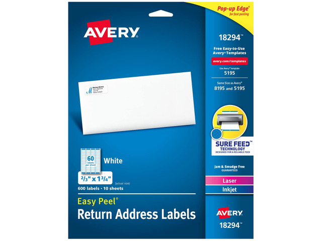 Printable Return Address Labels, Sure Feed Technology, 2/3' x 1-3/4', White, Laser & Inkjet Compatible, 600 Blank Labels per Pack, Great for...
