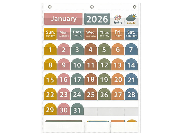 Large White Calendar Pocket Chart with Boho 96 Cards for Classroom, Size:32.25 x 24.13 inch Monthly Calendar and Weather Pocket Chart for Students...