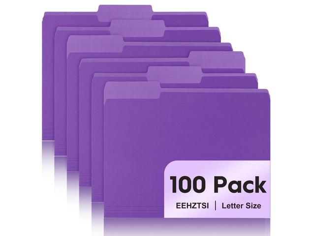 100-Pack Color File Folders, 1/3 Cut Tab, Letter Size Manilla Folder for School/Office/Classroom, Purple