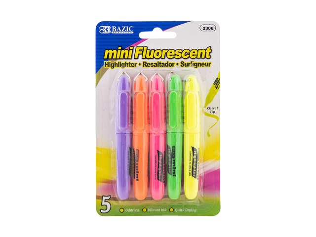 Mini Highlighters, Fluorescent, Chisel Tip, 5 Ct, 24-Box Quick-dry, Assorted fluorescent mini highlighters, Compact, Cap clip, Non-toxic, Odorless,...