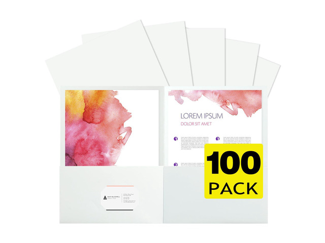 100Pcs White Folders with Pockets and Business Card Holder,2 Pocket Folders for School,Home or Office,Durable Heavy Duty File Folders