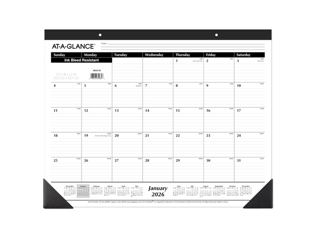 2026 Desk Calendar, Monthly, Desk Pad, 21-3/4' x 17', Large, Ruled Blocks (SK240026), White
