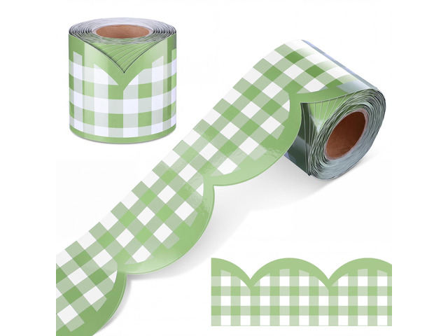 65ft Sage Green Gingham Bulletin Board Border Scalloped 3 Inches Scalloped Edge Trim for Classroom Walls, Whiteboards, Desks, Windows, Doors,...