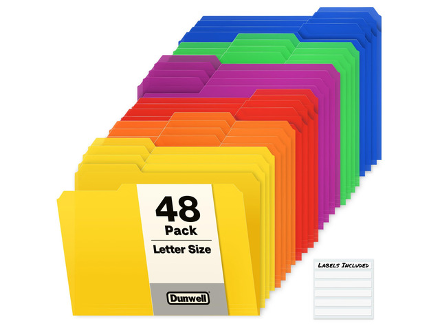 Plastic Colored File Folders (48 Pack), 1/3 Tab Filing Folders for 8.5x11 Letter Size Documents, Assorted Colors, Acid-Free Poly, Includes Labels