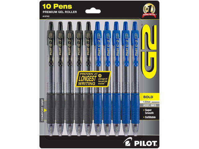 G2 Premium Gel Pens, 1.0mm Bold Point, Pack of 10 Refillable & Retractable, 5 Black & 5 Blue Ink Pens