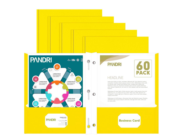 60 Pack Two Pocket Paper Folders with Prongs, Letter Size (Yellow) 3 Prong Folders with Pockets, Paper, 3 Hole Punched, For School, Office, Home,...